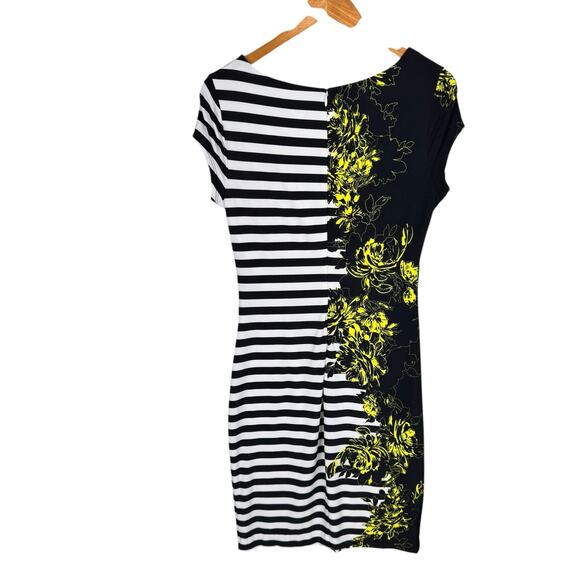 Cache Black & White Stripe Yellow Floral Print Jersey Knit Stretch Sheath Dress - Picture 8 of 10